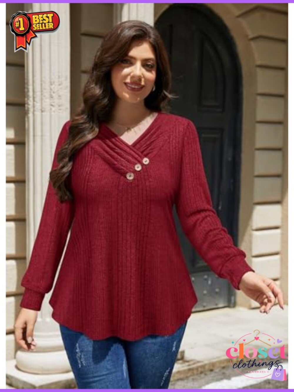 Plus Size V-Neck Pullover Sweater Button Pleated Long Sleeve Tunic